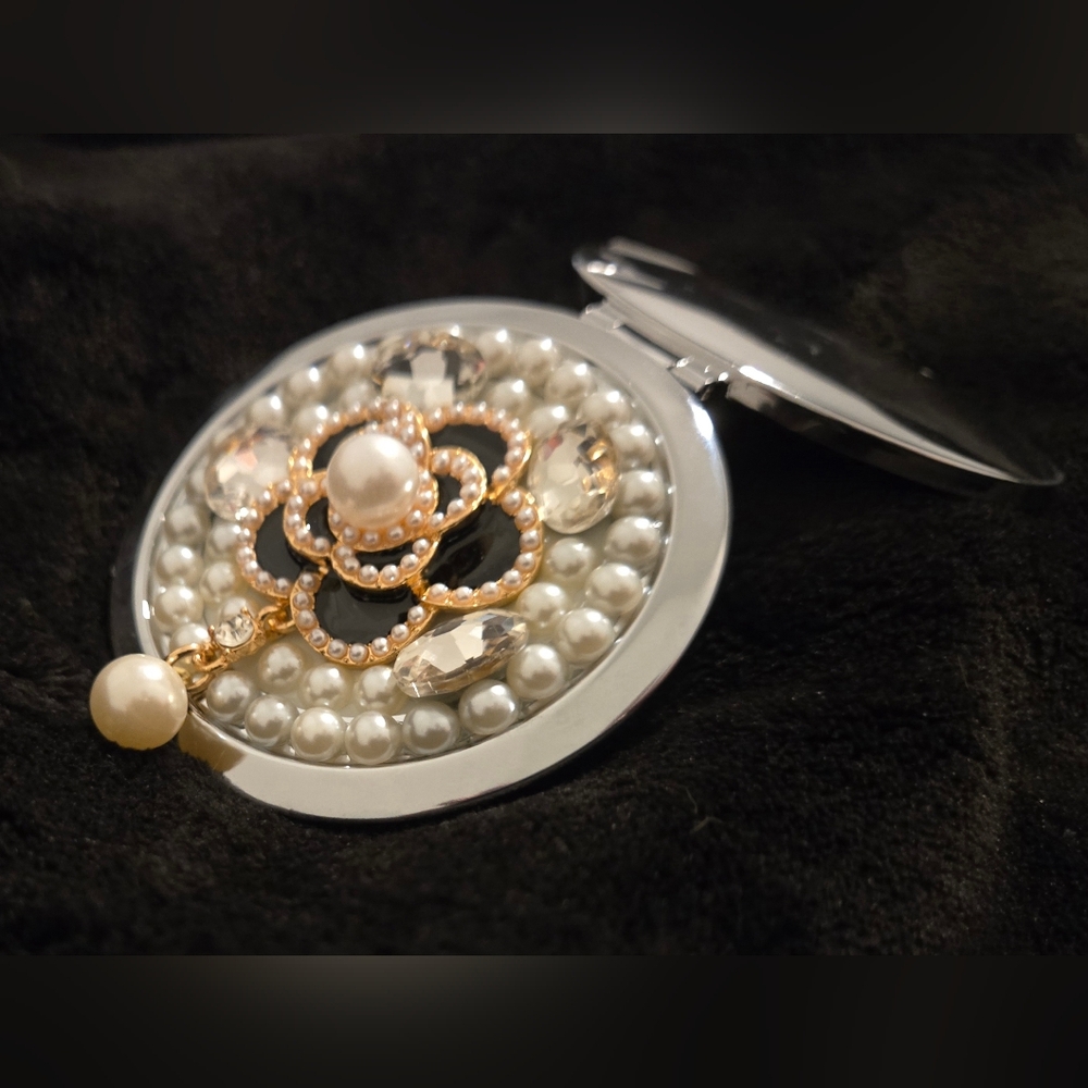 Camilla Flower Compact Mirror Black Gold & Crystal with White Pearls Silver Base